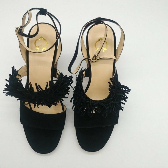 NWB C Wonder Gabrielle Black Slingback Heels Sandals Leather Suede Fringe Sz 8 - Picture 5 of 16
